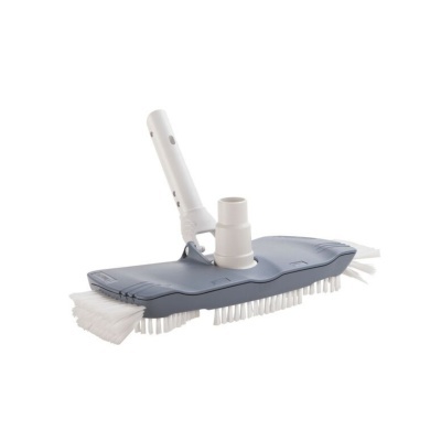 Escova de limpeza para piscina com tubo branco e corpo cinzento com pêlos brancos.