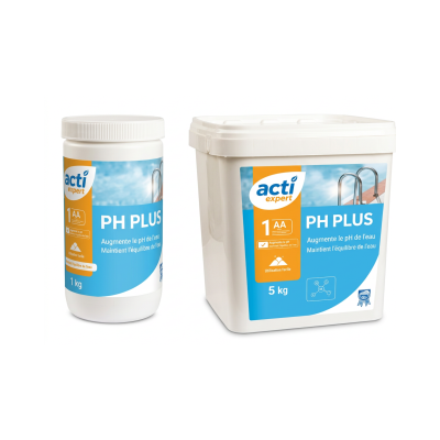 Recipientes brancos de plástico acti expert PH PLUS com rótulos azul e laranja.