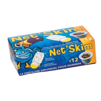 Caixa de filtros para skimmer de piscina NetSkim com design colorido e indicação de 12 unidades