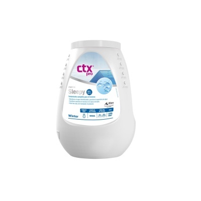 Recipiente branco de plástico com rótulo azul e texto Sleepy da marca ctx pro para tratamento de piscinas
