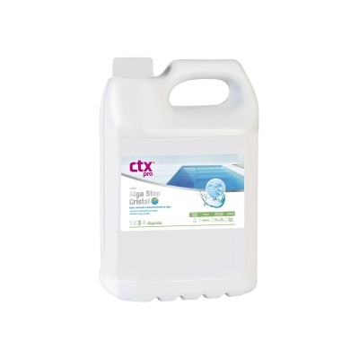 Frasco plástico branco com rótulo de produto de controlo de algas para piscina