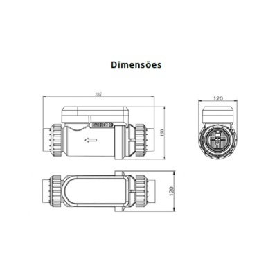 Desenho técnico de contador de água com dimensões em milímetros