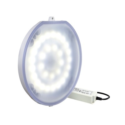 Luz LED circular com lente opaca azulada e carregador branco