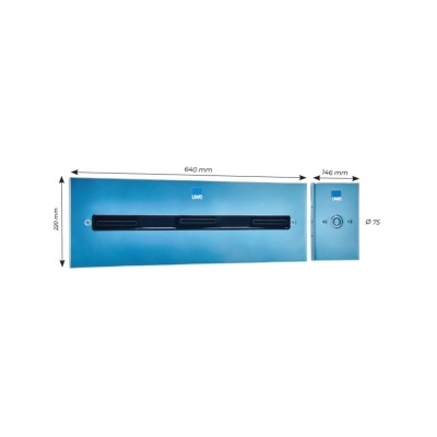 Equipamento azul metálico com compartimentos e medidas em milímetros