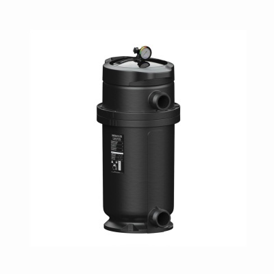 Filtro preto cilíndrico com manómetro e etiqueta Astralpool ClarisaVE