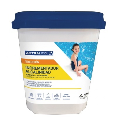 Frasco de produto para piscina ASTRALPOOL com tampa azul e rótulo colorido.
