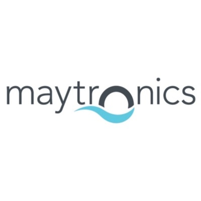 Logotipo Maytronics com círculo cinza e forma azul ondulada