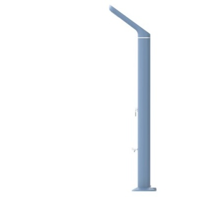 Coluna de chuveiro exterior azul claro em metal com base.