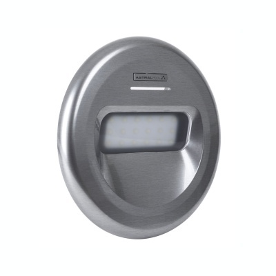 Luz LED redonda em metal com visor quadrado e marca Astralpool
