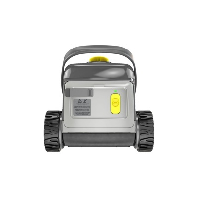 Robô aspirador cinzento com detalhes amarelos e rodas largas pretas.
