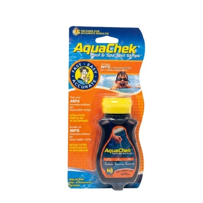 Embalagem de tiras de teste AquaChek para piscinas e spas com cores azul, laranja e amarelo.