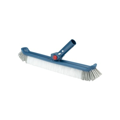 Escova de limpeza para piscina azul com cerdas brancas e detalhe vermelho