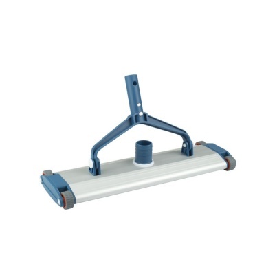 Robô de limpeza para piscina cinza e azul com suporte em U e rodas.