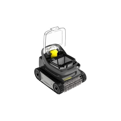 Robô aspirador preto com tampa transparente aberta e recipiente amarelo