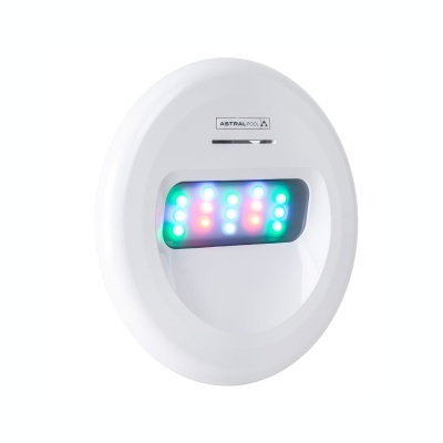 Luz LED subaquática oval branca com painel luminoso colorido e logótipo ASTRALPOOL