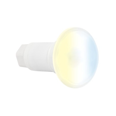 Lâmpada LED branca com base branca e luz suave amarela e azul
