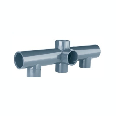 Conector de tubos em PVC cinzento com várias aberturas