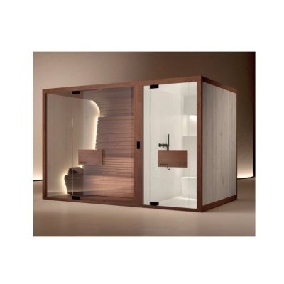 Cabine de sauna em madeira clara com estrutura em madeira escura e portas de vidro