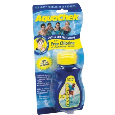 Embalagem de tiras de teste AquaChek para piscina e spa com tampa amarela e fundo azul.