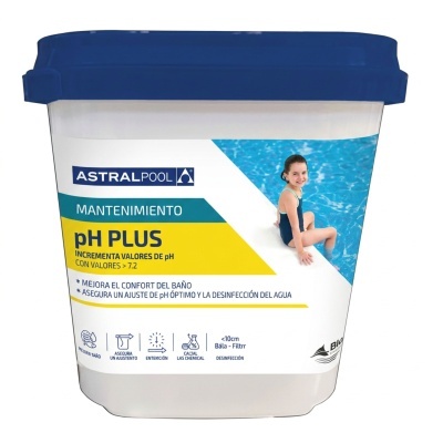 Recipiente de manutenção de piscina AstralPool pH Plus com tampa azul e etiqueta colorida