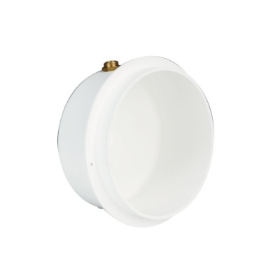 Dispositivo branco redondo com detalhe dourado e texto impresso