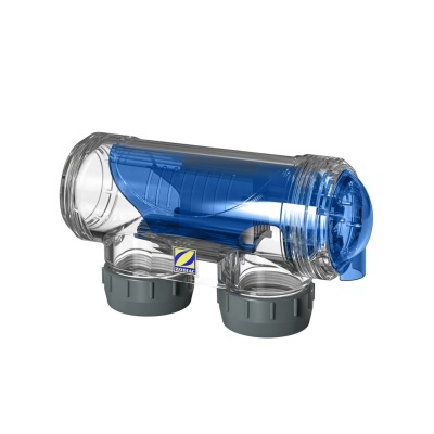 Filtro de piscina transparente com capa azul e logótipo Zodiac