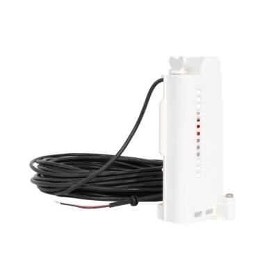 Sensor de nível branco com cabo preto enrolado e fios expostos em fundo branco
