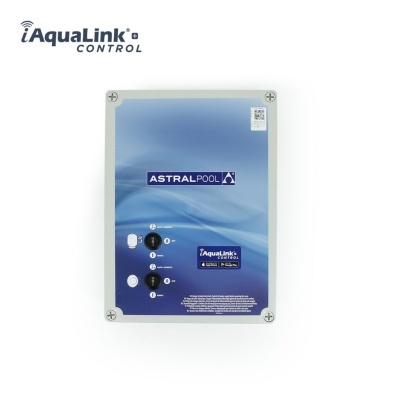 Painel de controlo azul e cinza AstralPool iAquaLink Control com botões e texto