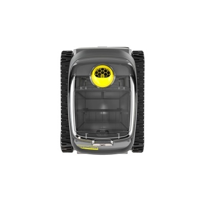 Robot cortador de relva cinzento com tampa transparente e detalhe amarelo