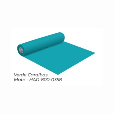 Rolo de tecido verde-turquesa mate com texto adjacente