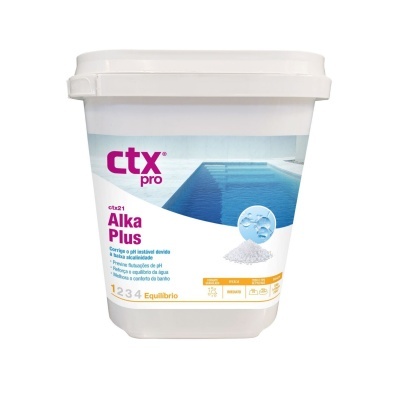 Pote branco de produto para piscina com rótulo azul e texto em português.