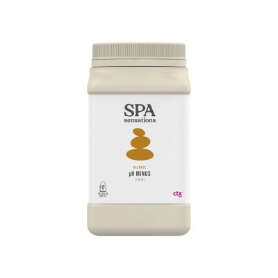 Frasco branco com tampa bege e texto SPA sensations pH MINUS.