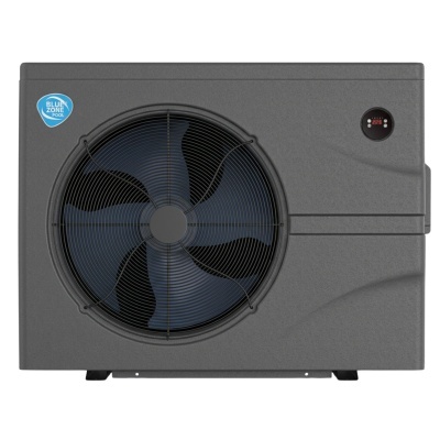 Unidade cinza para aquecimento de piscina com ventilador e etiqueta Blue Zone Pool
