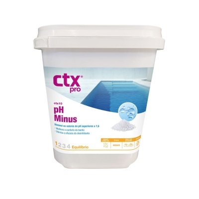 Embalagem branca de produto para piscinas ctx pro pH Minus com rótulo azul e branco.