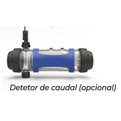 Detector de caudal azul e preto com corpo transparente
