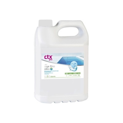 Recipiente plástico branco com rótulo de produto para piscina Alga Stop Ultra