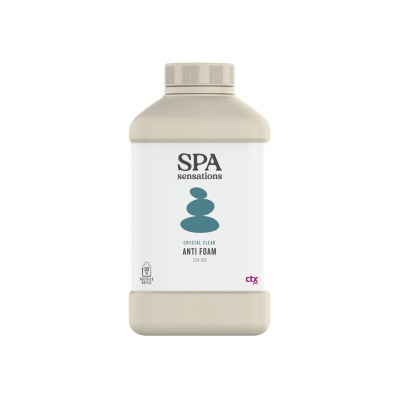 Frasco plástico branco com tampa cinza e etiqueta SPA sensations Anti Foam