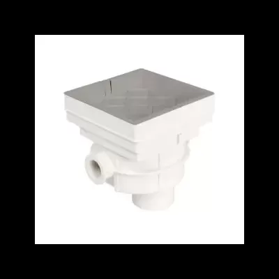 Ralo sifonado quadrado branco em plástico com saída lateral e inferior