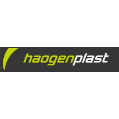 Logo com texto haogenplast em verde e branco sobre fundo cinzento