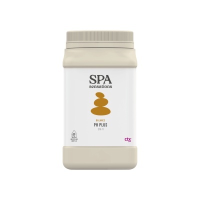 Frasco plástico SPA sensations PH PLUS com tampa bege e rótulo simples em branco e bege