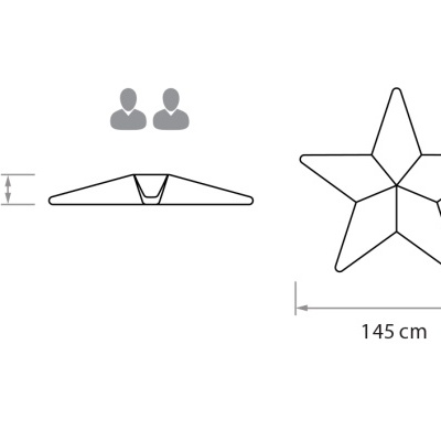 Desenho técnico de um produto estrela com medidas e capacidade para duas pessoas