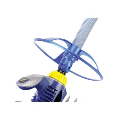 aspirador de pó azul, amarelo e cinzento com etiqueta amarelo-azul