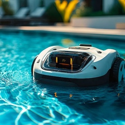 Robô limpador de piscina branco com painel transparente preto na água de piscina