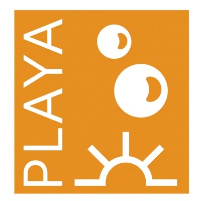 design gráfico laranja com texto PLAYA e ícone de sol branco