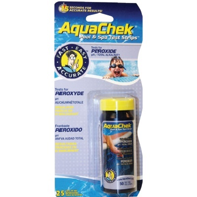 Embalagem de tiras de teste AquaChek para piscina e spa com rótulo azul e tampa amarela