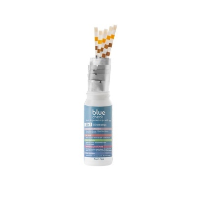 Frasco branco com tiras de teste a sair do topo e rótulo azul com texto
