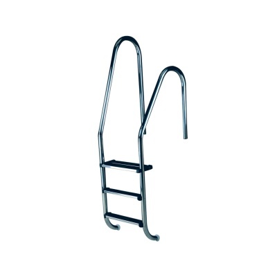 Escada para piscina em aço inoxidável com degraus pretos.