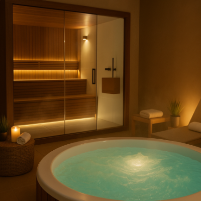 Espaço de spa com jacuzzi circular, sauna em madeira e decoração acolhedora