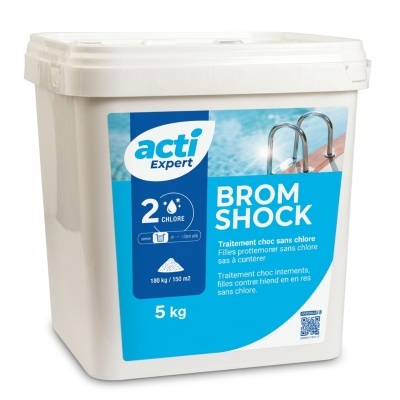 Recipiente branco de plástico com etiqueta azul para produto de piscina acti Expert Brom Shock 5 kg