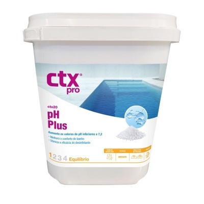 Embalagem branca de produto para piscina ctx pro pH Plus com imagem de piscina e grãos brancos